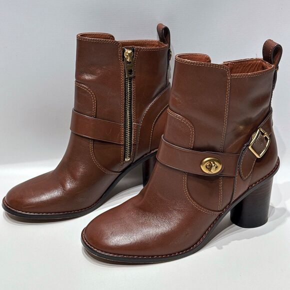 Coach Moto 3” Heel Booties Dark Saddle Brown Turn Lock Women Size 7 Minimal Wear - Picture 1 of 16